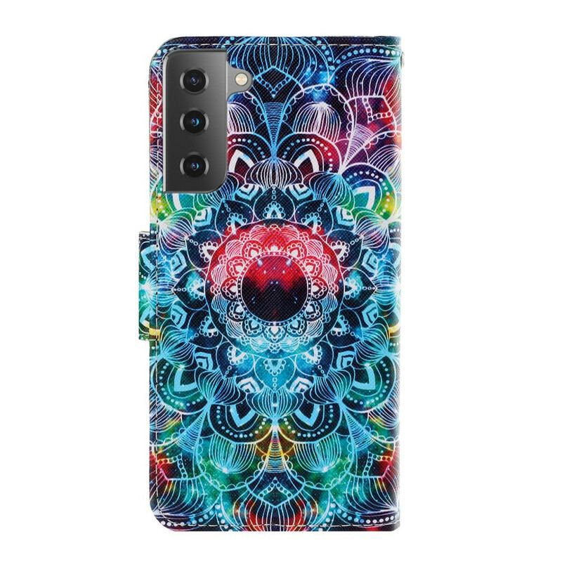 Capa De Couro Para Samsung Galaxy S21 5G De Cordão Mandala De Tiras Chamativas