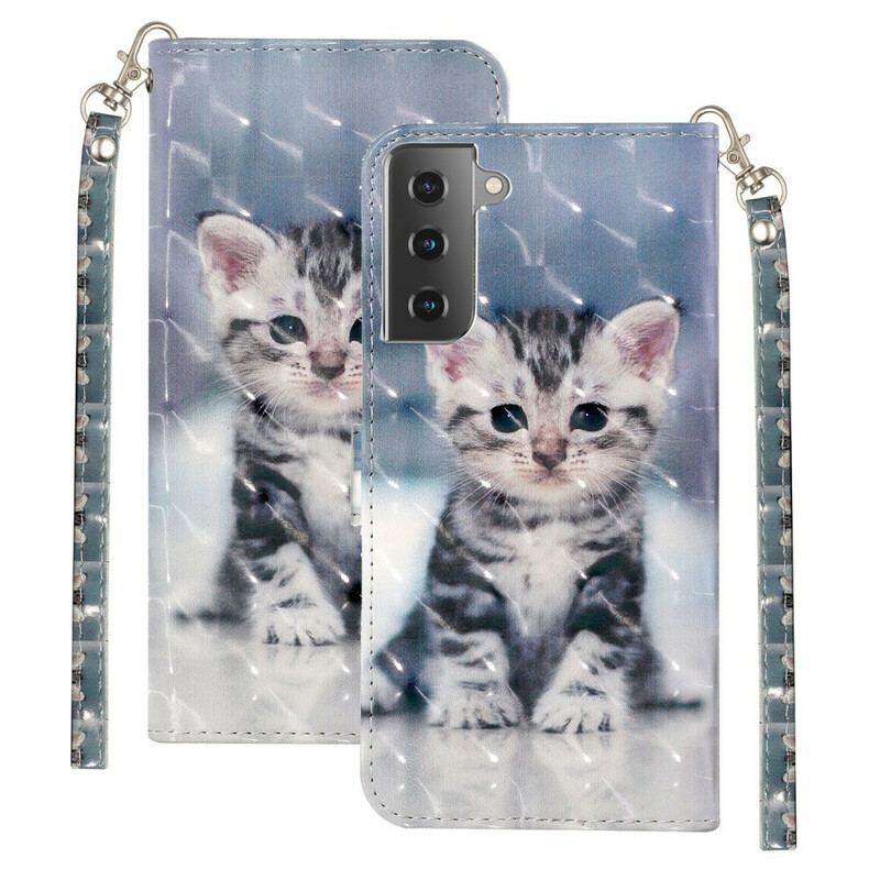 Capa De Couro Para Samsung Galaxy S21 5G De Cordão Pontos De Luz Gatinho Com Alça