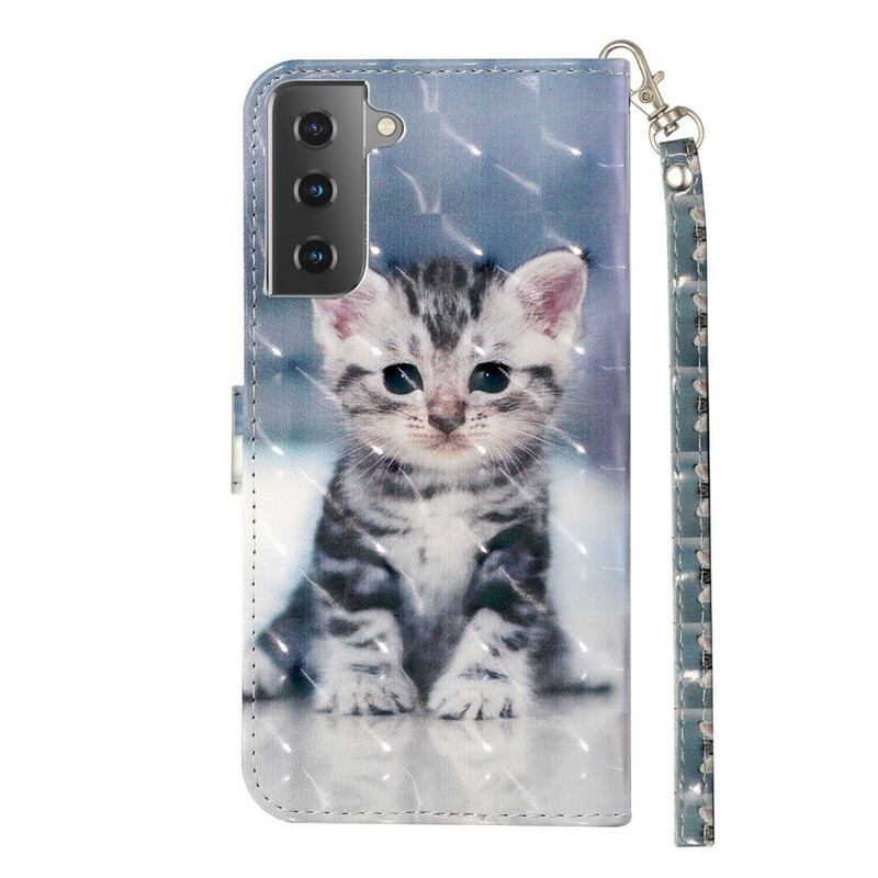 Capa De Couro Para Samsung Galaxy S21 5G De Cordão Pontos De Luz Gatinho Com Alça