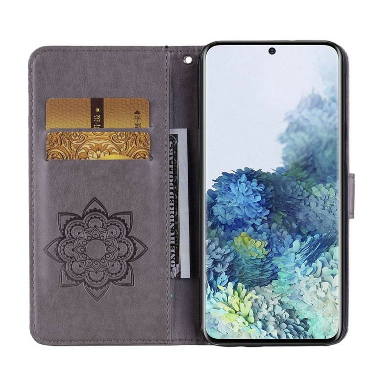 Capa De Couro Para Samsung Galaxy S21 5G Coruja Mandala E Cordão