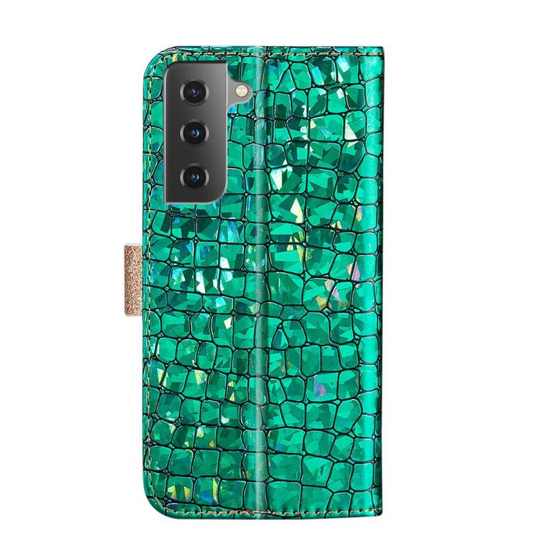 Capa De Couro Para Samsung Galaxy S21 5G Diamantes De Crocodilo