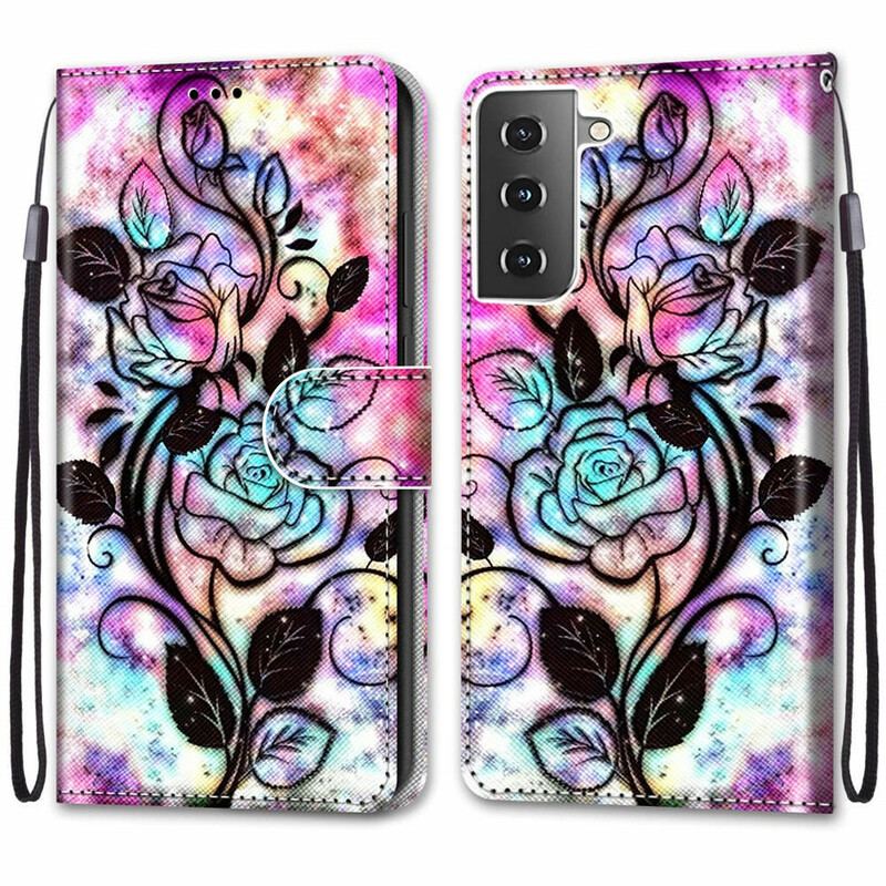 Capa De Couro Para Samsung Galaxy S21 5G Flores Neon