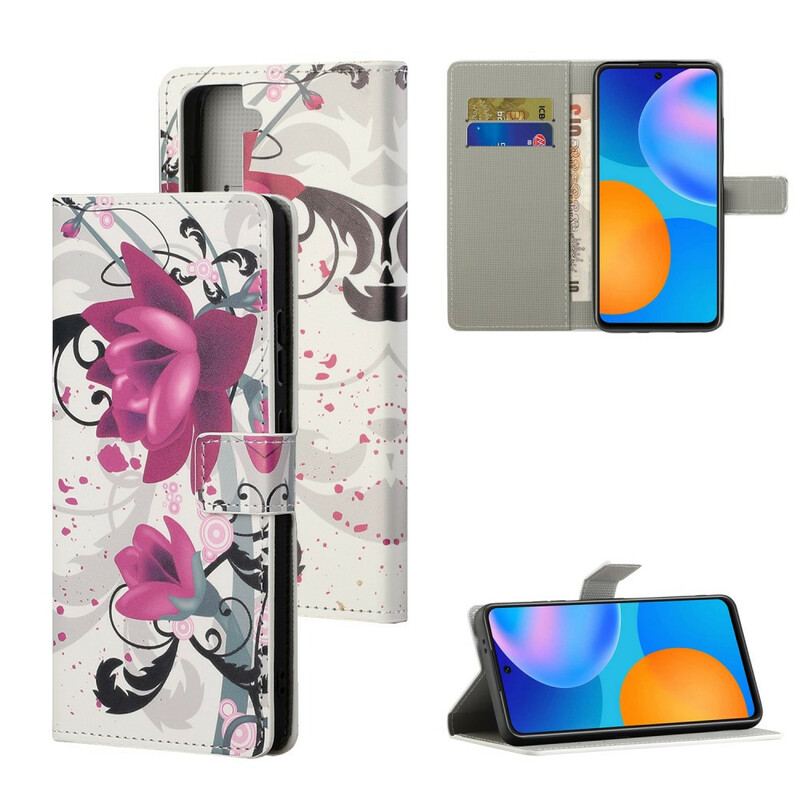 Capa De Couro Para Samsung Galaxy S21 5G Flores Tropicais