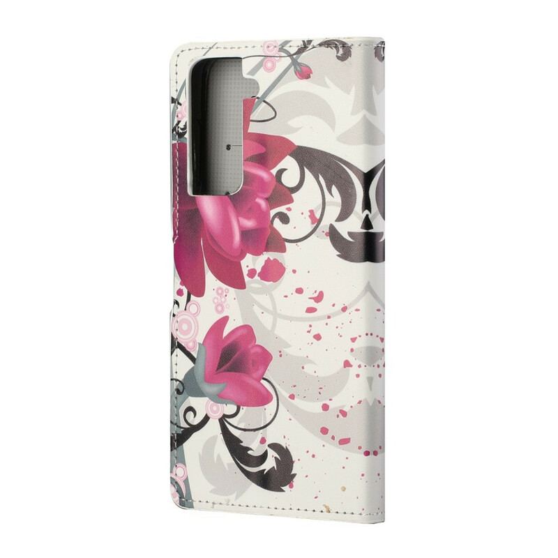 Capa De Couro Para Samsung Galaxy S21 5G Flores Tropicais