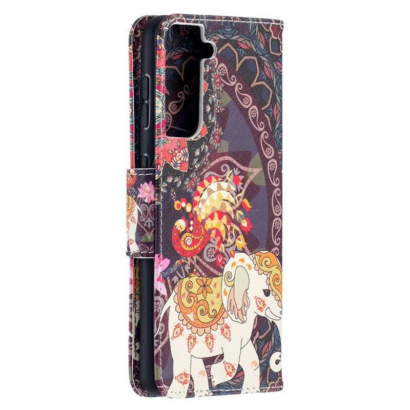 Capa De Couro Para Samsung Galaxy S21 5G Mandala De Elefantes Étnicos