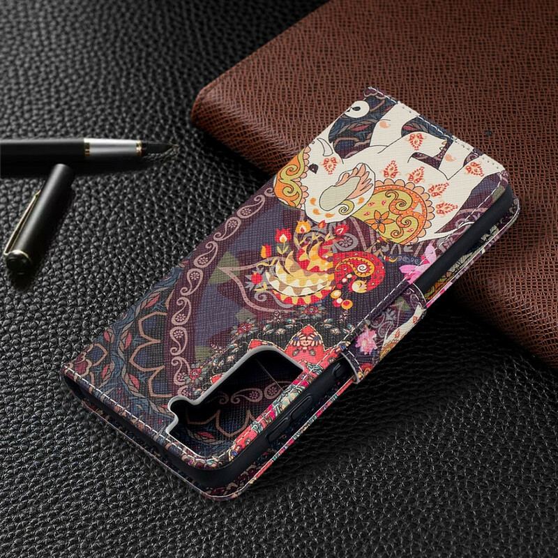 Capa De Couro Para Samsung Galaxy S21 5G Mandala De Elefantes Étnicos