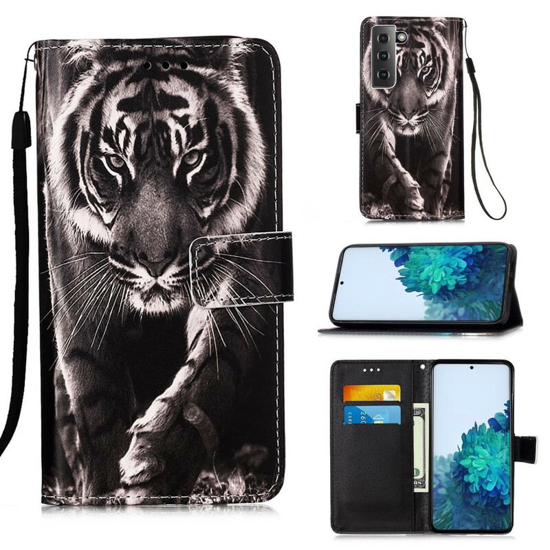 Capa De Couro Para Samsung Galaxy S21 5G Tigre Da Noite