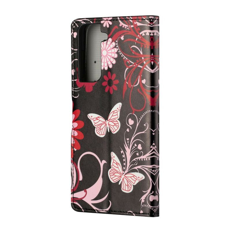 Capa Em Pele Para Samsung Galaxy S21 5G Borboletas E Flores