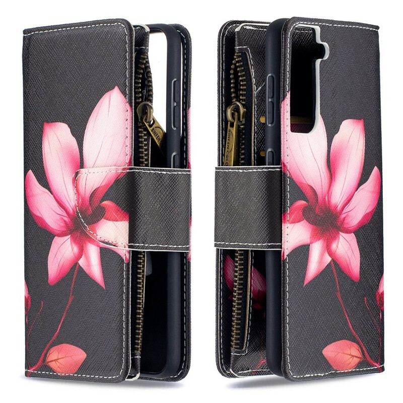 Capa Flip Para Samsung Galaxy S21 5G Bolso Com Zíper Flor