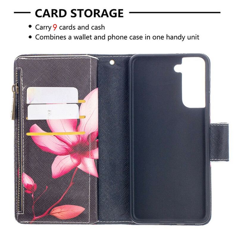 Capa Flip Para Samsung Galaxy S21 5G Bolso Com Zíper Flor