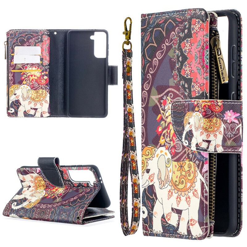 Capa Flip Para Samsung Galaxy S21 5G Bolso Elefante Com Zíper