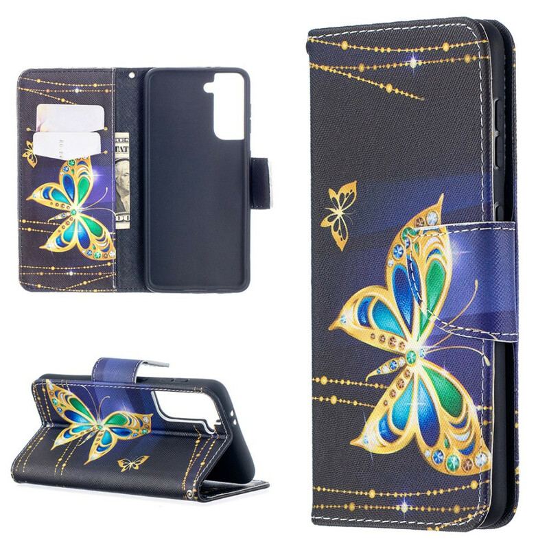 Capa Flip Para Samsung Galaxy S21 5G Borboletas Reis