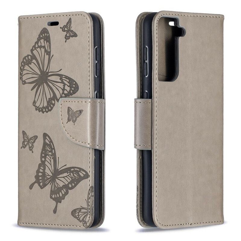 Capa Flip Para Samsung Galaxy S21 5G Borboletas Voando Com Cordão