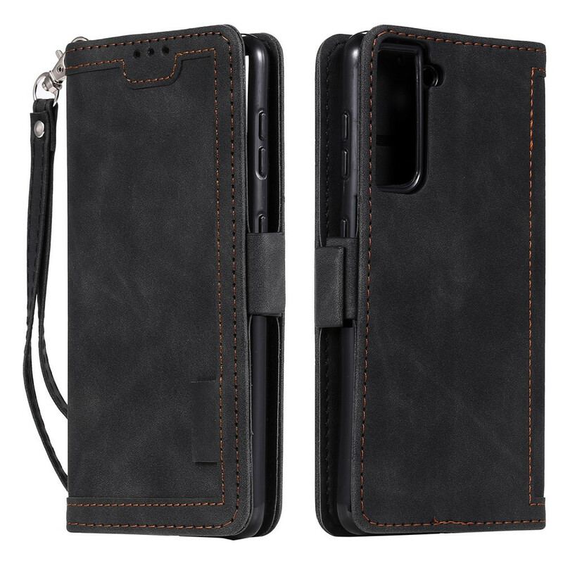 Capa Flip Para Samsung Galaxy S21 5G Contornos Reforçados Com Couro Sintético Em Dois Tons