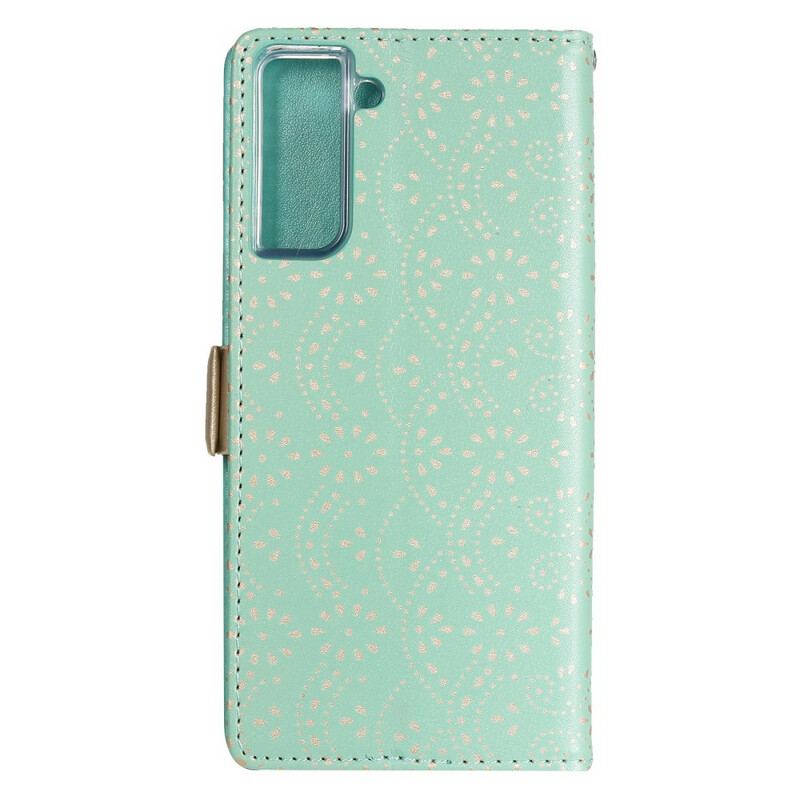 Capa Flip Para Samsung Galaxy S21 5G De Cordão Bolsa De Moedas Com Alça De Renda