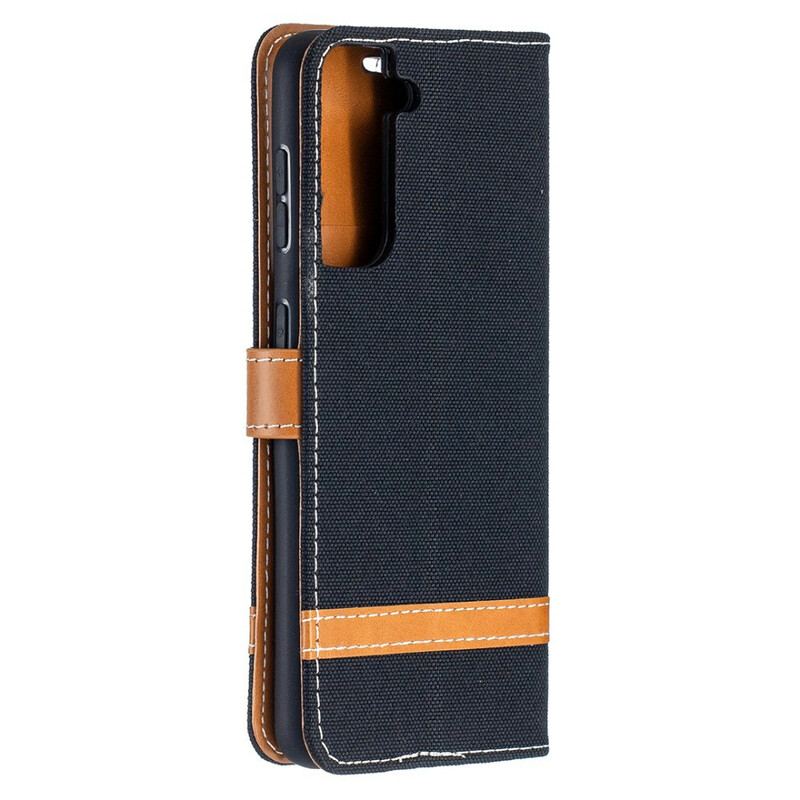 Capa Flip Para Samsung Galaxy S21 5G De Cordão Correia Efeito Tecido E Couro