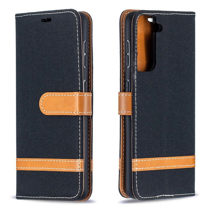 Capa Flip Para Samsung Galaxy S21 5G De Cordão Correia Efeito Tecido E Couro