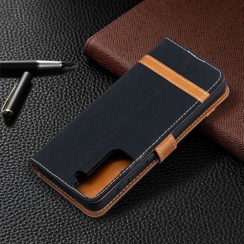 Capa Flip Para Samsung Galaxy S21 5G De Cordão Correia Efeito Tecido E Couro