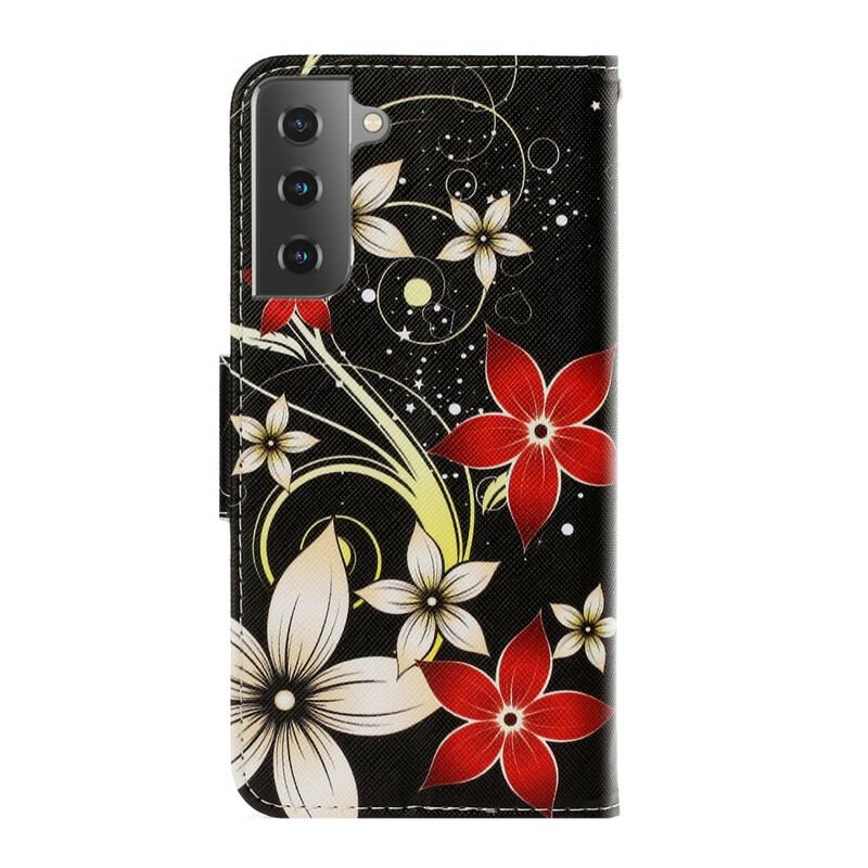 Capa Flip Para Samsung Galaxy S21 5G De Cordão Flores Coloridas Com Tiras