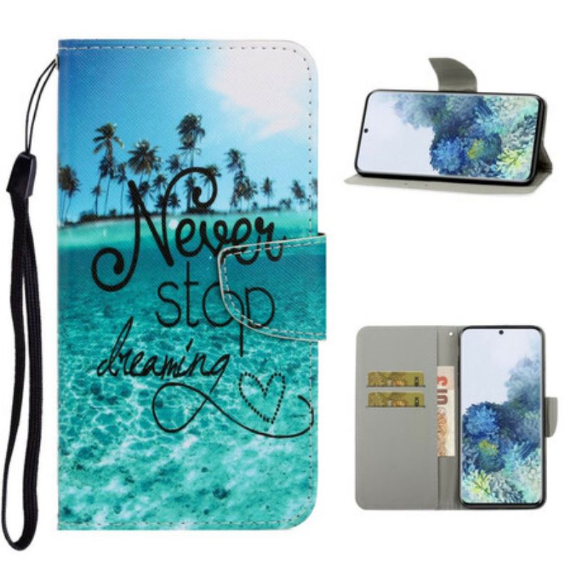 Capa Flip Para Samsung Galaxy S21 5G De Cordão Nunca Pare De Sonhar Com Strappy Navy