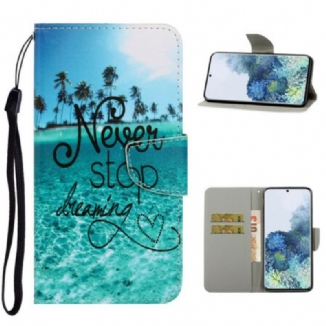 Capa Flip Para Samsung Galaxy S21 5G De Cordão Nunca Pare De Sonhar Com Strappy Navy