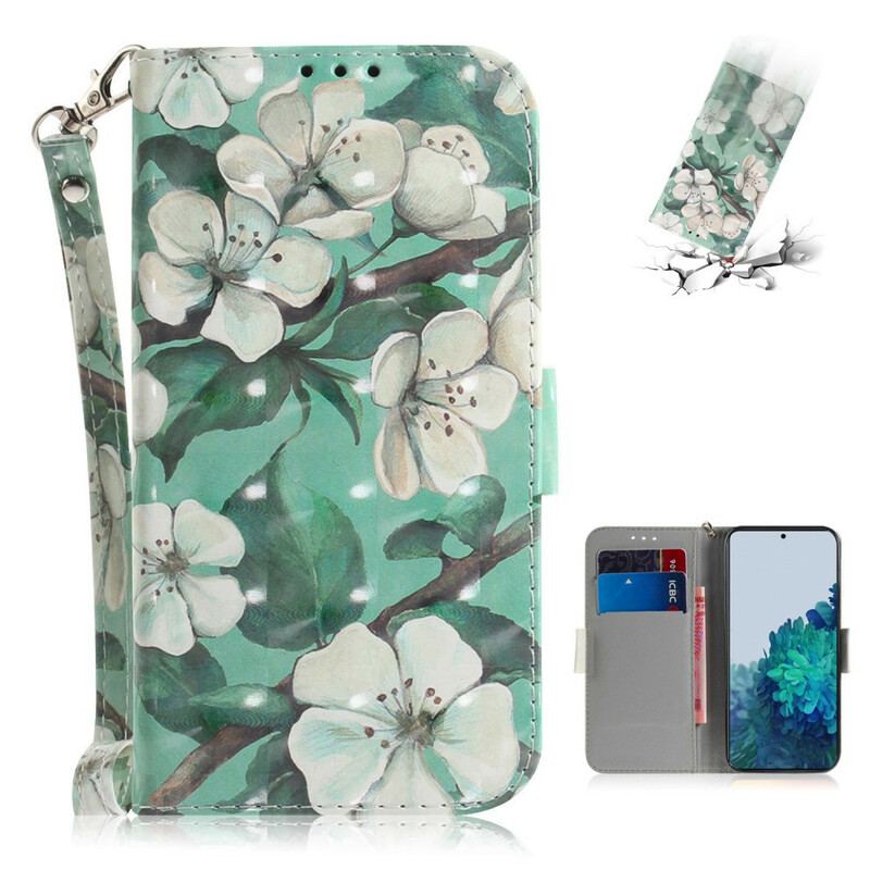 Capa Flip Para Samsung Galaxy S21 5G De Cordão Ramo Florido Com Alça