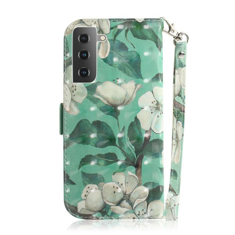 Capa Flip Para Samsung Galaxy S21 5G De Cordão Ramo Florido Com Alça