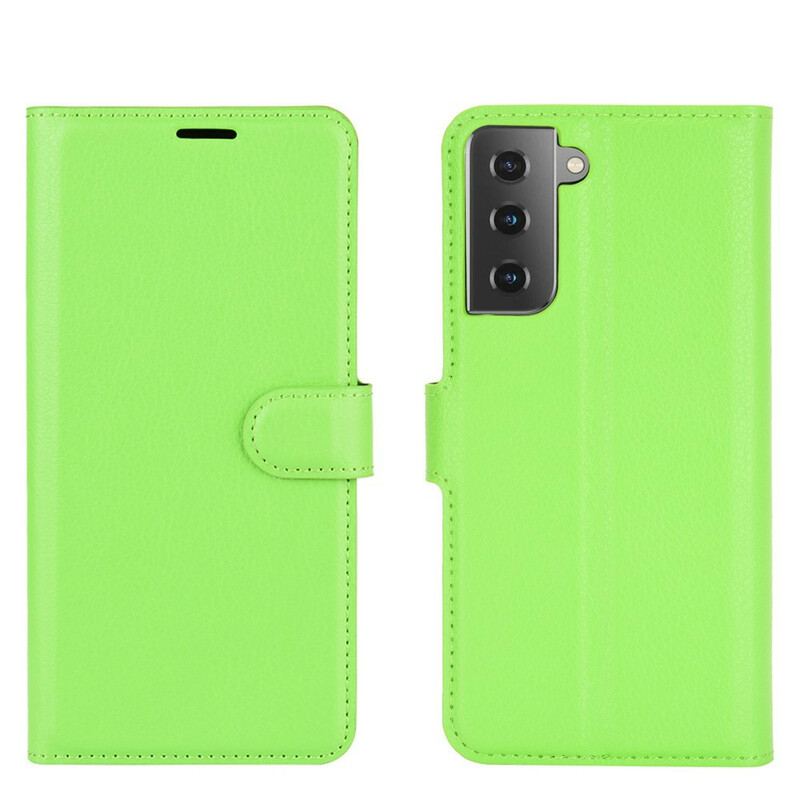 Capa Flip Para Samsung Galaxy S21 5G Couro Sintético De Lichia Clássico