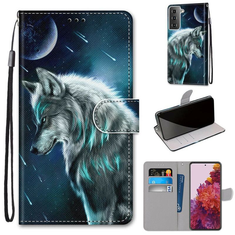 Capa Flip Para Samsung Galaxy S21 5G Lobo Sob Uma Chuva De Estrelas