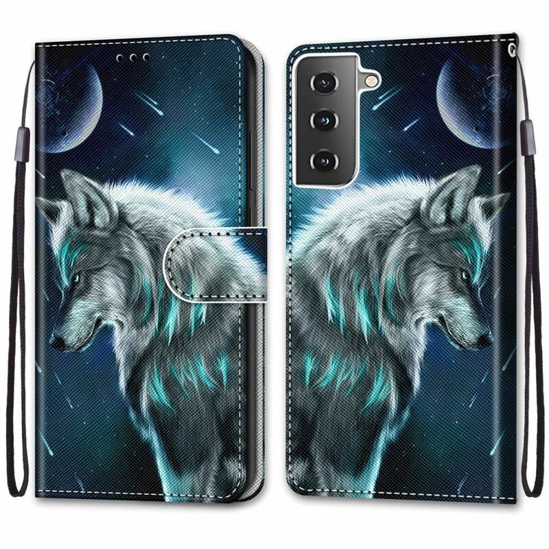 Capa Flip Para Samsung Galaxy S21 5G Lobo Sob Uma Chuva De Estrelas