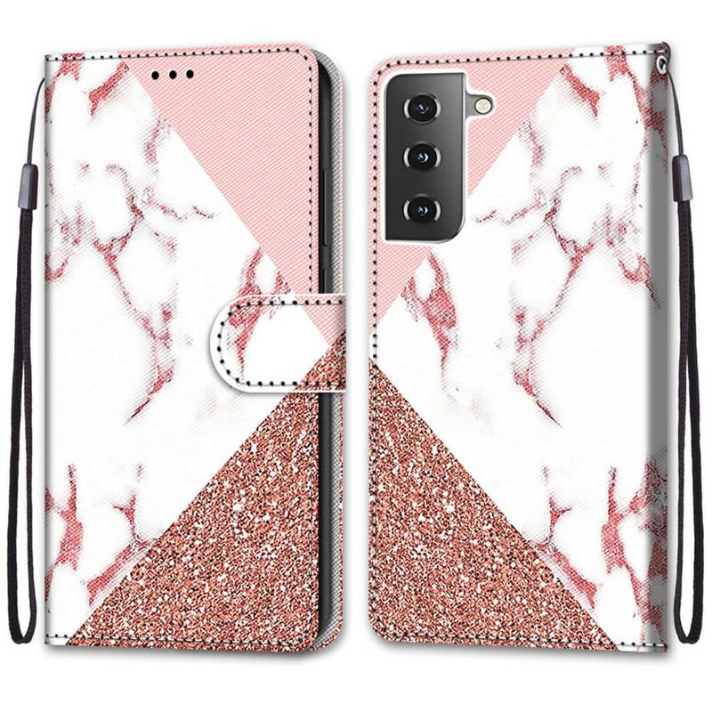 Capa Flip Para Samsung Galaxy S21 5G Triângulo De Mármore E Glitter