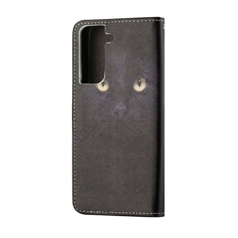 Capa Folio Para Samsung Galaxy S21 5G De Cordão Olhos De Gato Preto Com Tiras