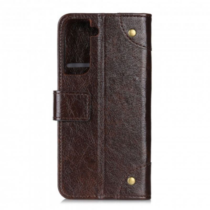 Capa Folio Para Samsung Galaxy S21 5G Rebites Vintage Estilo Couro Napa