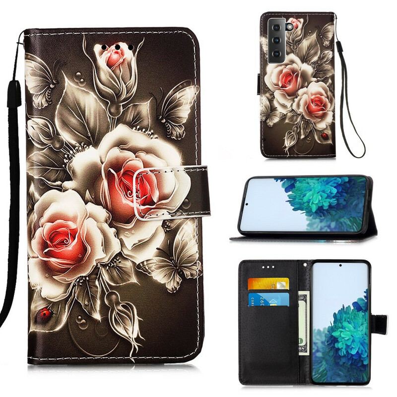 Capa Folio Para Samsung Galaxy S21 5G Rosas Douradas