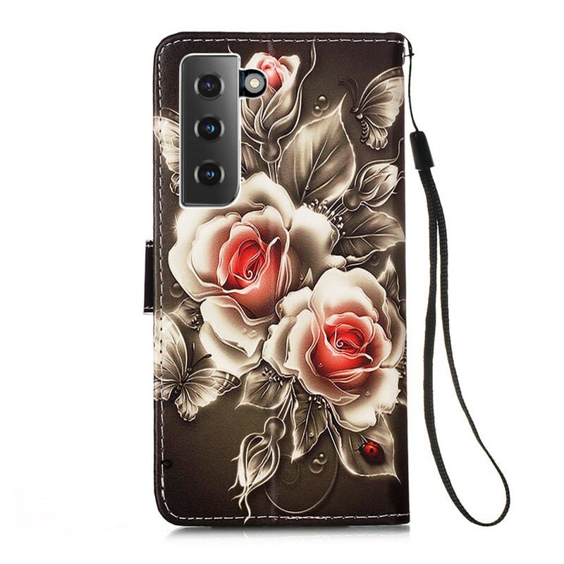 Capa Folio Para Samsung Galaxy S21 5G Rosas Douradas