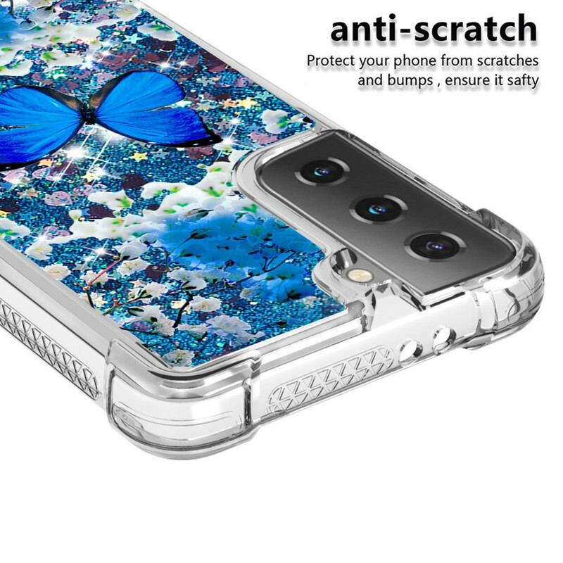 Capa Para Samsung Galaxy S21 5G Borboletas Azuis Brilhantes