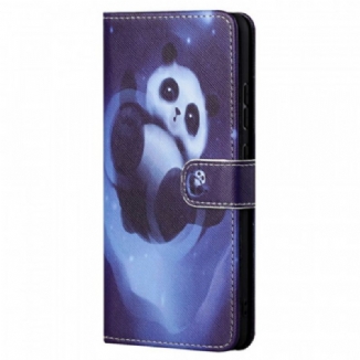 Capa De Couro Para Poco M4 Pro 5G De Cordão Espaço Panda Com Lanyard