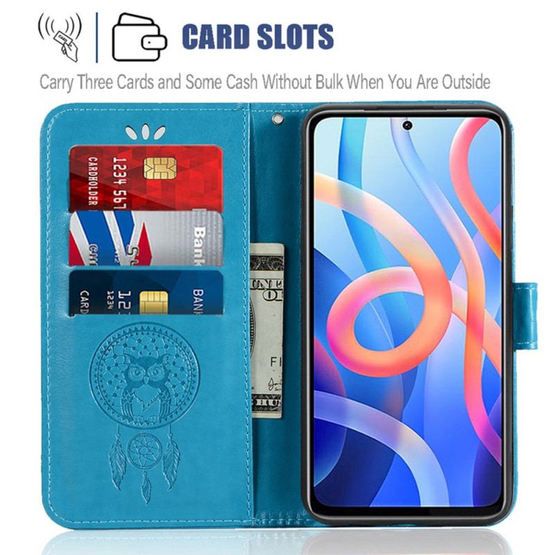 Capa Flip Para Poco M4 Pro 5G Coruja Apanhador De Sonhos Efeito Couro