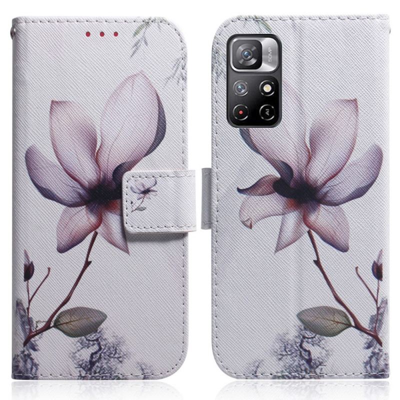 Capa Flip Para Poco M4 Pro 5G Flor Rosa Empoeirado