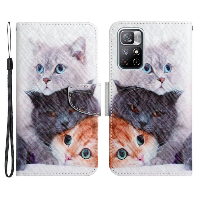 Capa Flip Para Poco M4 Pro 5G Pilha De Lanyard Cats