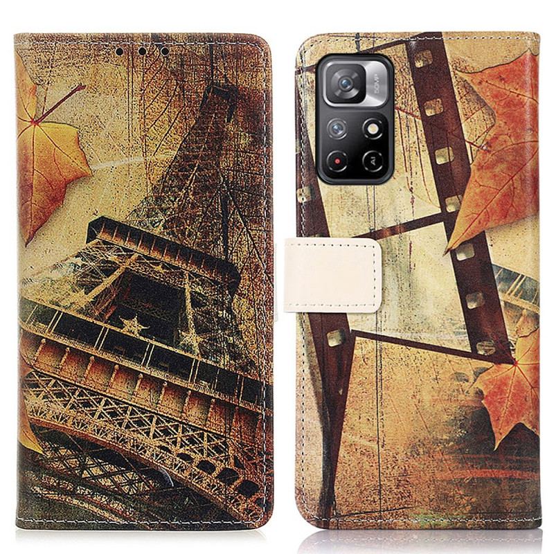 Capa Flip Para Poco M4 Pro 5G Torre Eiffel No Outono