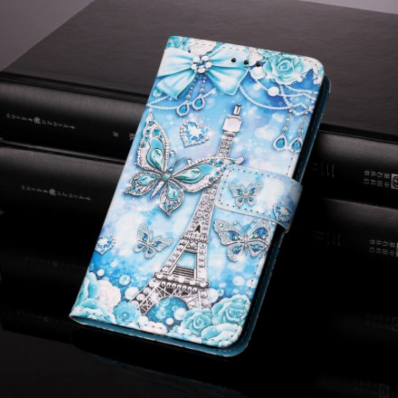 Capa De Couro Para Samsung Galaxy A52 4G / A52 5G / A52s 5G Borboletas Da Torre Eiffel