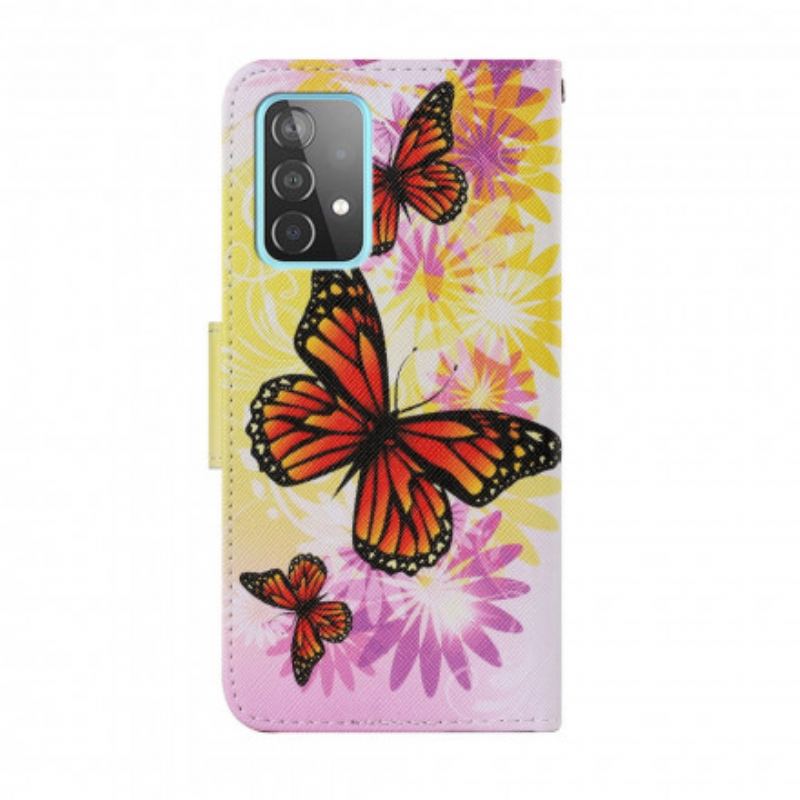 Capa De Couro Para Samsung Galaxy A52 4G / A52 5G / A52s 5G Borboletas E Flores De Verão