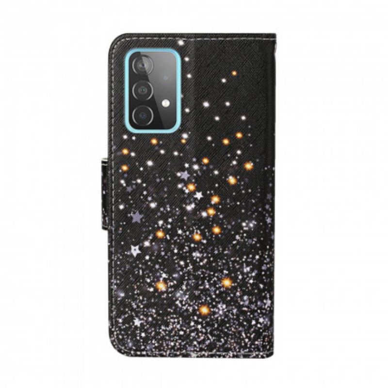 Capa De Couro Para Samsung Galaxy A52 4G / A52 5G / A52s 5G Estrelas E Lantejoulas Com Cordão