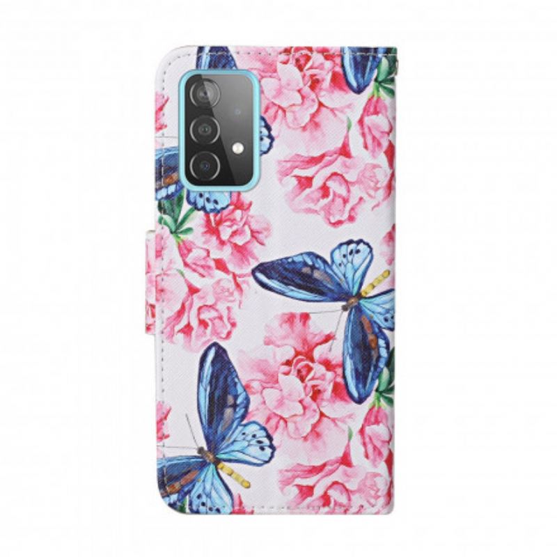 Capa Flip Para Samsung Galaxy A52 4G / A52 5G / A52s 5G Cordão Floral Borboletas