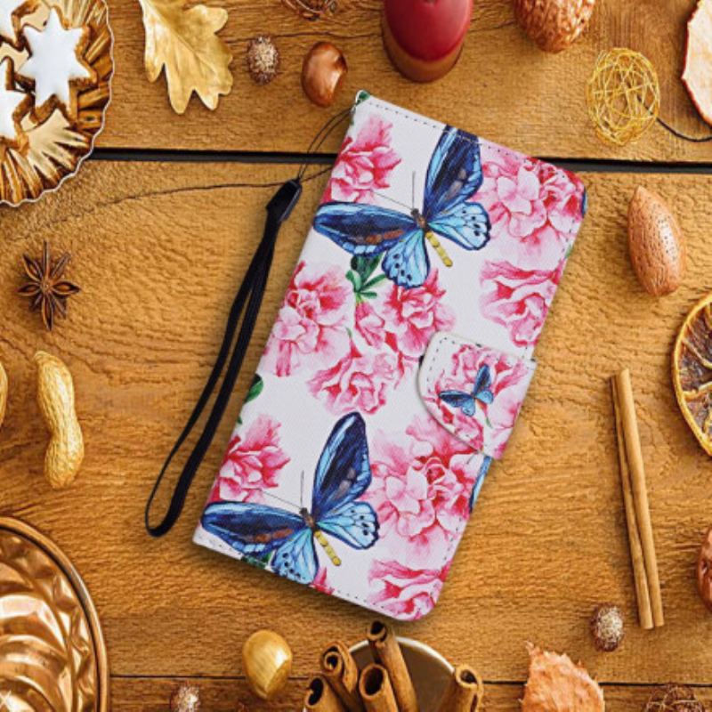 Capa Flip Para Samsung Galaxy A52 4G / A52 5G / A52s 5G Cordão Floral Borboletas