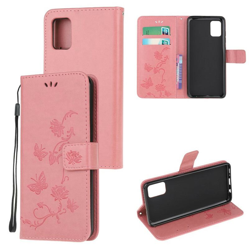 Capa Flip Para Samsung Galaxy A52 4G / A52 5G / A52s 5G De Cordão Tanga Borboletas E Flores