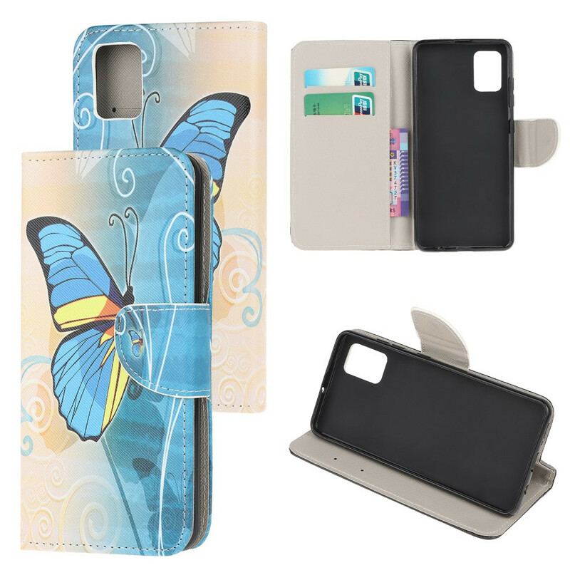 Capa Folio Para Samsung Galaxy A52 4G / A52 5G / A52s 5G Borboleta Azul E Amarela