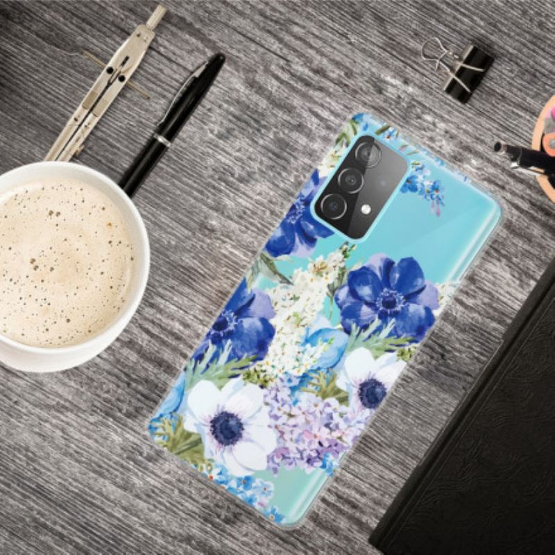 Capa Para Samsung Galaxy A52 4G / A52 5G / A52s 5G Flores Azuis Em Aquarela Sem Costura