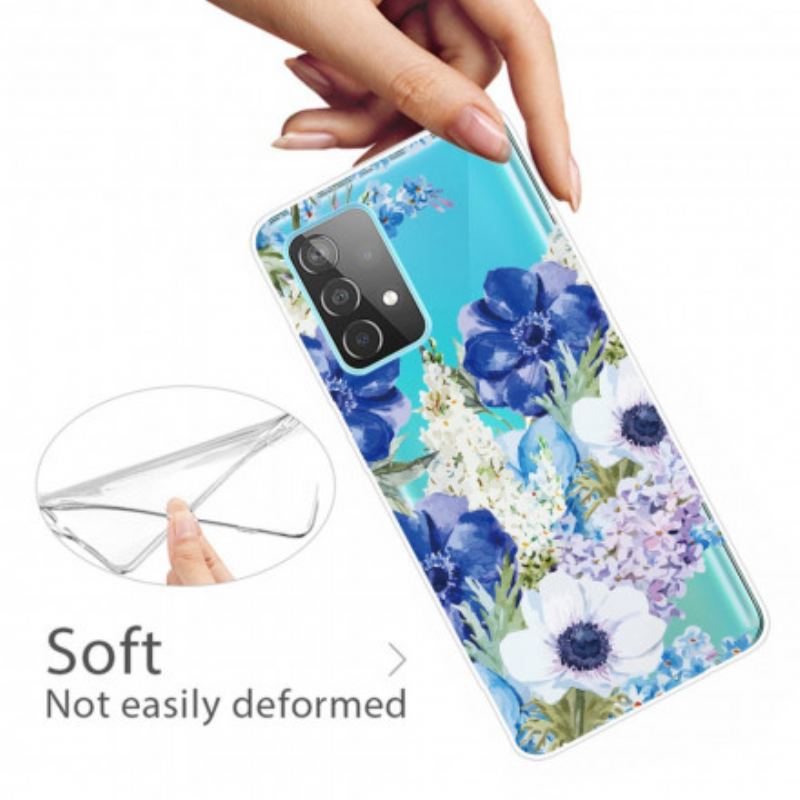 Capa Para Samsung Galaxy A52 4G / A52 5G / A52s 5G Flores Azuis Em Aquarela Sem Costura